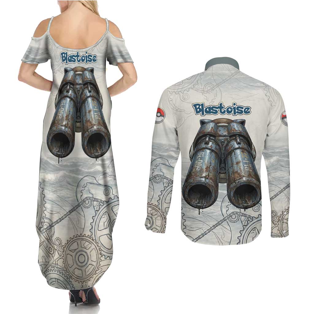 Blastoise Couples Matching Summer Maxi Dress and Long Sleeve Button Shirt Steampunk Mechanical Gear Art