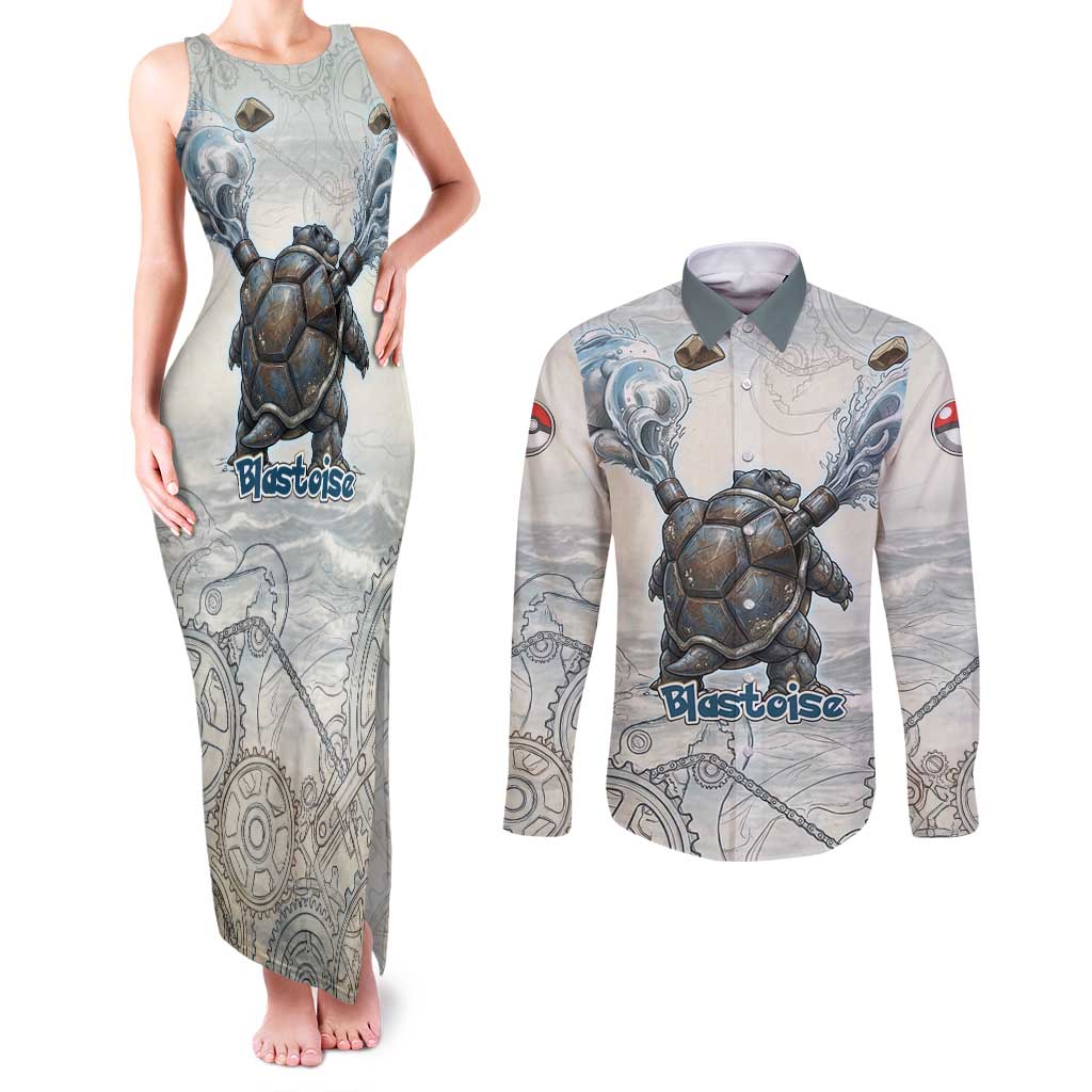 Blastoise Couples Matching Tank Maxi Dress and Long Sleeve Button Shirt Steampunk Mechanical Gear Art