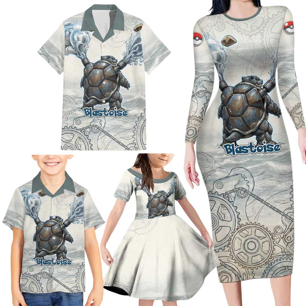 Blastoise Family Matching Long Sleeve Bodycon Dress and Hawaiian Shirt Steampunk Mechanical Gear Art