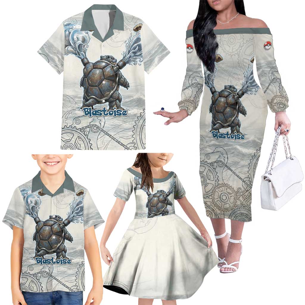 Blastoise Family Matching Off The Shoulder Long Sleeve Dress and Hawaiian Shirt Steampunk Mechanical Gear Art