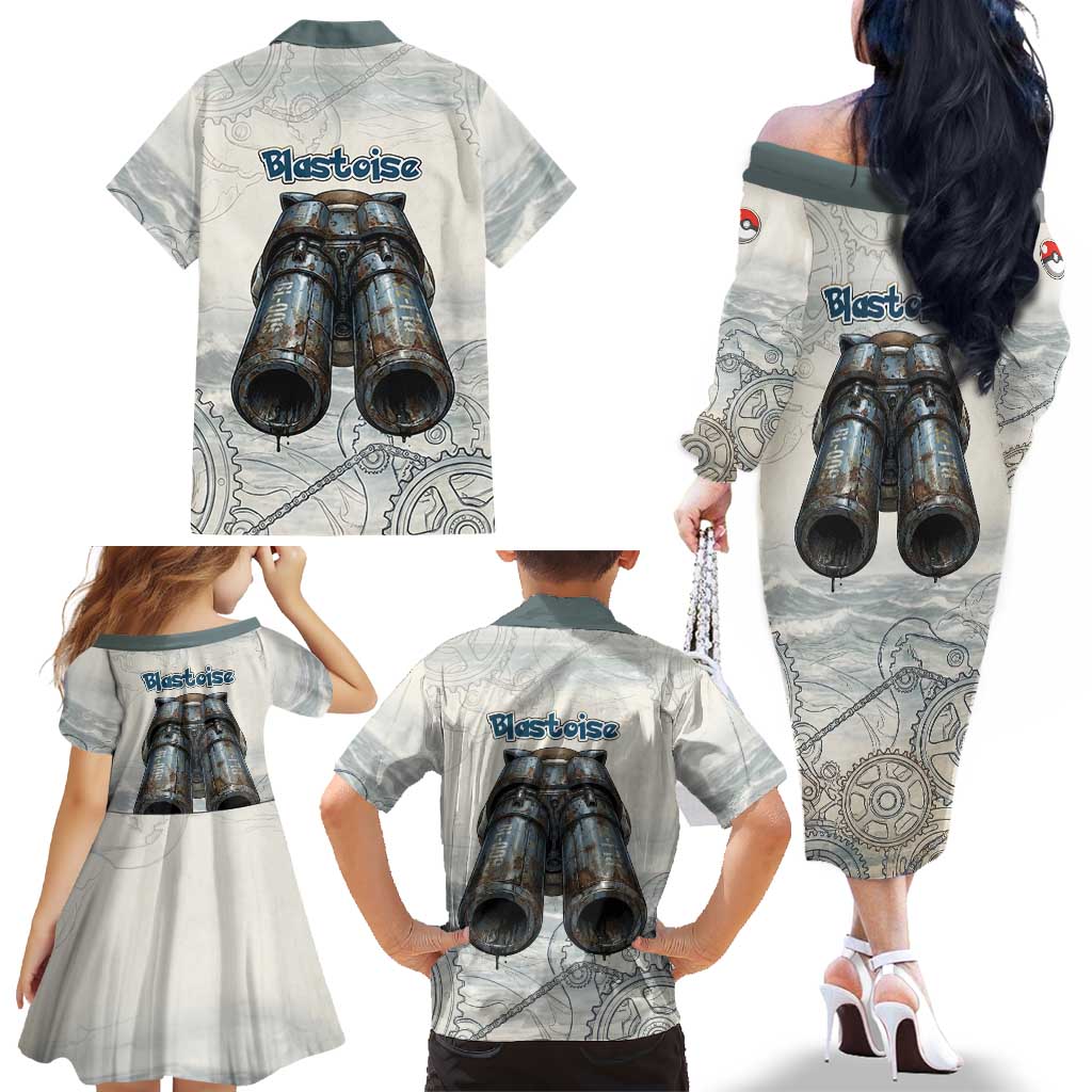 Blastoise Family Matching Off The Shoulder Long Sleeve Dress and Hawaiian Shirt Steampunk Mechanical Gear Art