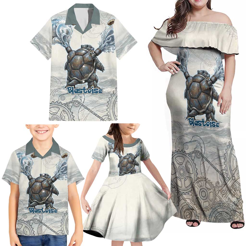 Blastoise Family Matching Off Shoulder Maxi Dress and Hawaiian Shirt Steampunk Mechanical Gear Art