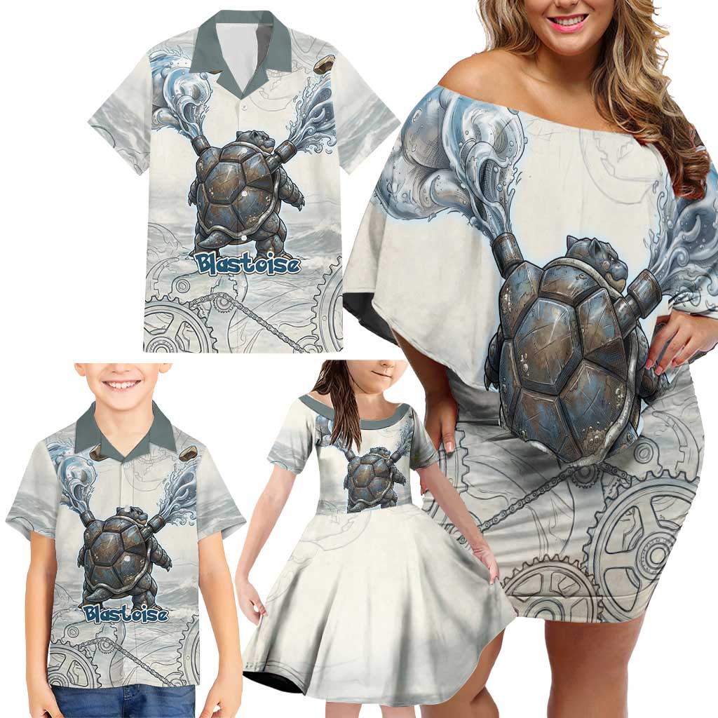 Blastoise Family Matching Off Shoulder Short Dress and Hawaiian Shirt Steampunk Mechanical Gear Art