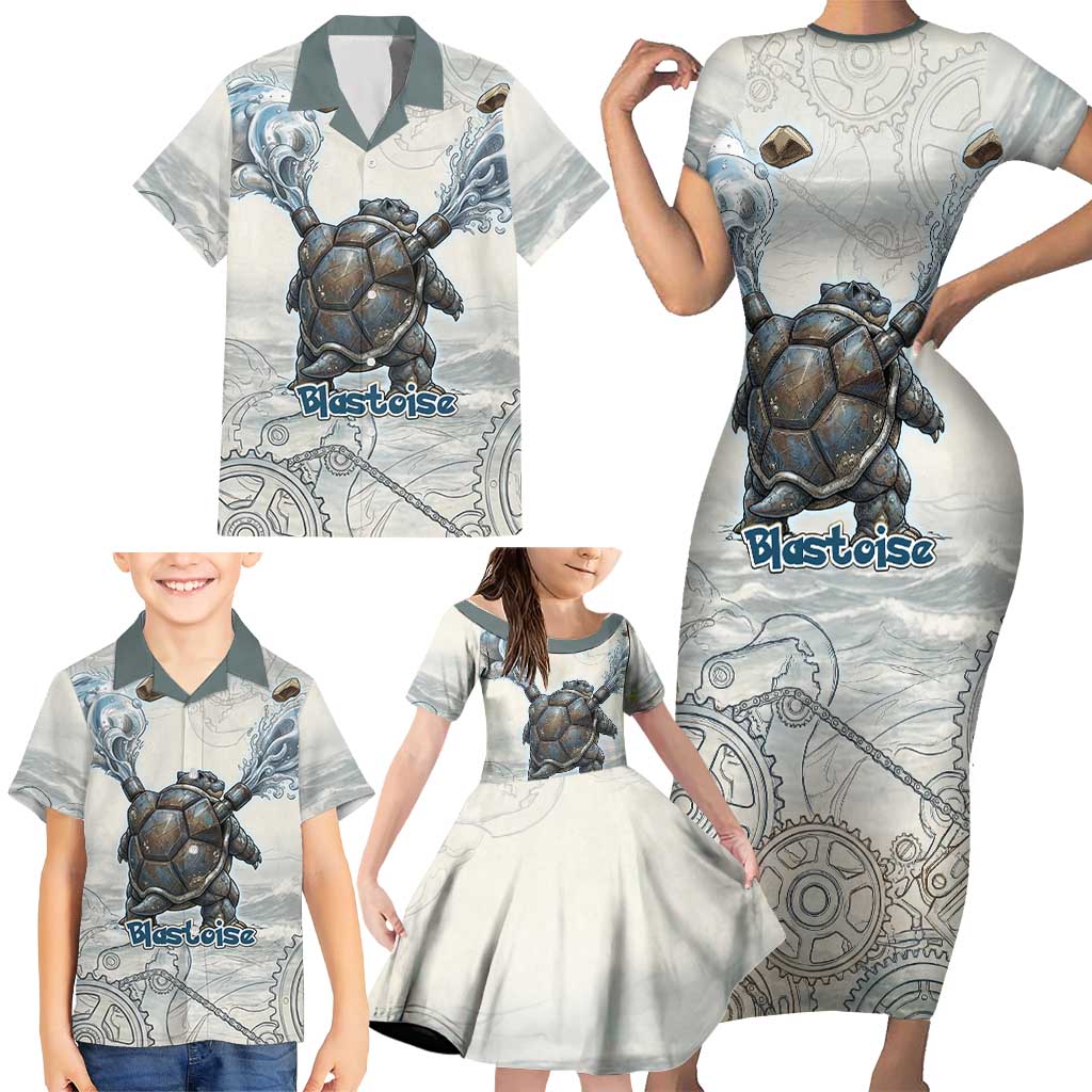 Blastoise Family Matching Short Sleeve Bodycon Dress and Hawaiian Shirt Steampunk Mechanical Gear Art
