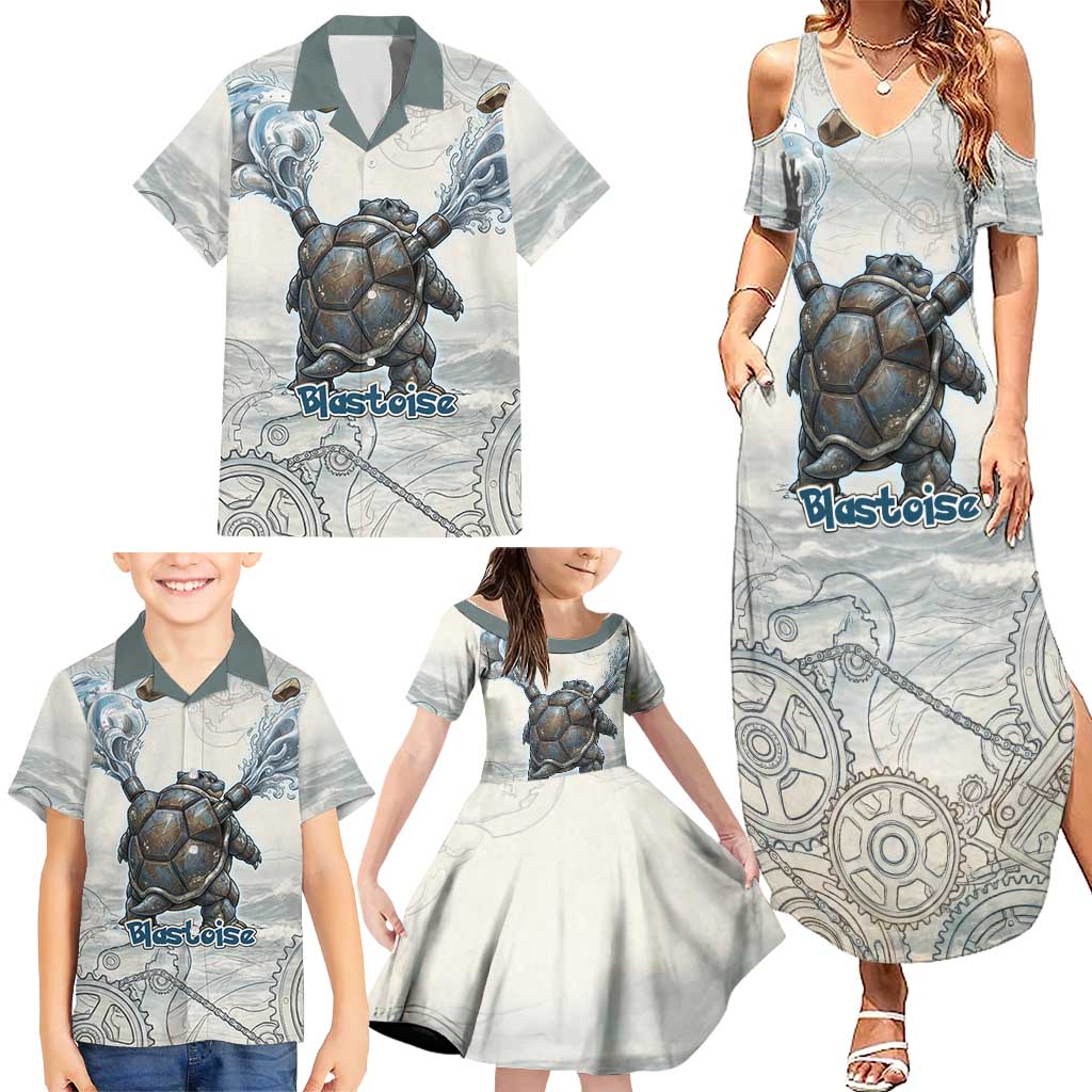 Blastoise Family Matching Summer Maxi Dress and Hawaiian Shirt Steampunk Mechanical Gear Art