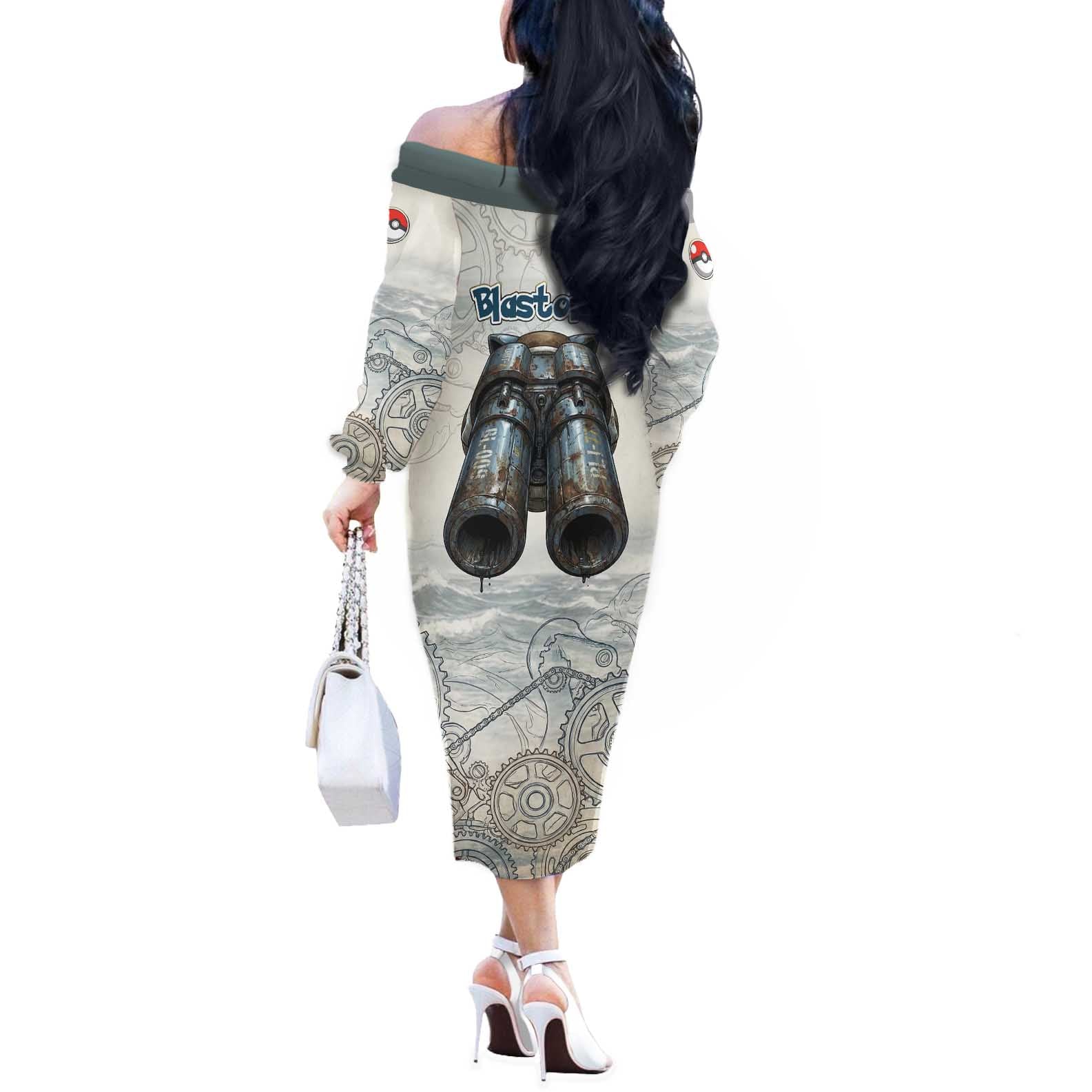 Blastoise Off The Shoulder Long Sleeve Dress Steampunk Mechanical Gear Art