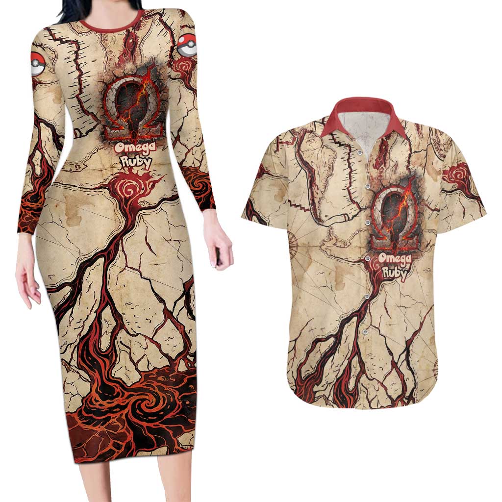 Groudon Omega Ruby Couples Matching Long Sleeve Bodycon Dress and Hawaiian Shirt Ancient Volcano Map Art