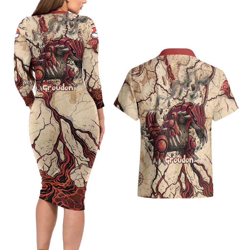 Groudon Omega Ruby Couples Matching Long Sleeve Bodycon Dress and Hawaiian Shirt Ancient Volcano Map Art