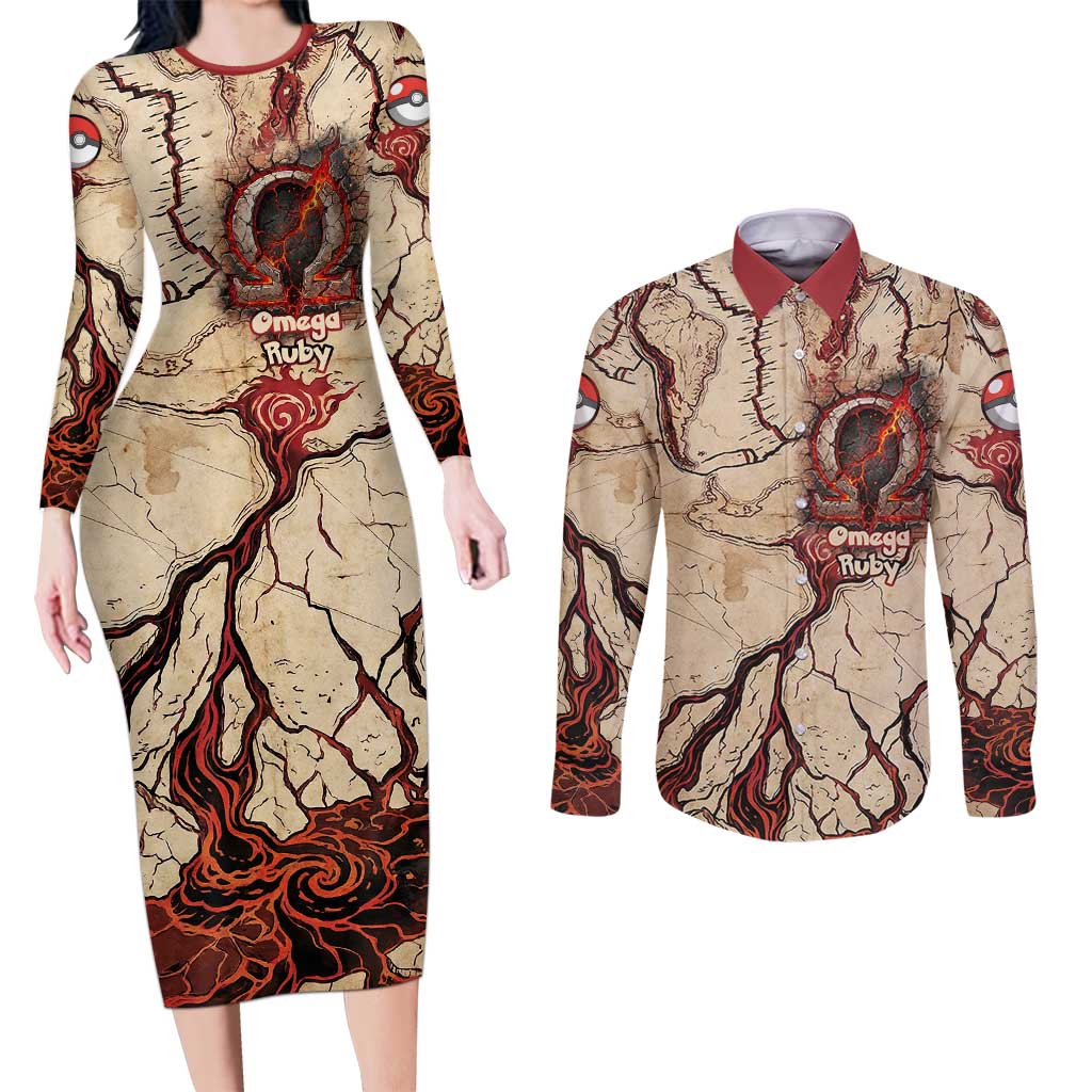 Groudon Omega Ruby Couples Matching Long Sleeve Bodycon Dress and Long Sleeve Button Shirt Ancient Volcano Map Art