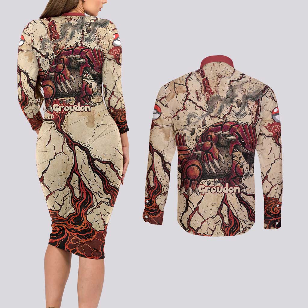 Groudon Omega Ruby Couples Matching Long Sleeve Bodycon Dress and Long Sleeve Button Shirt Ancient Volcano Map Art