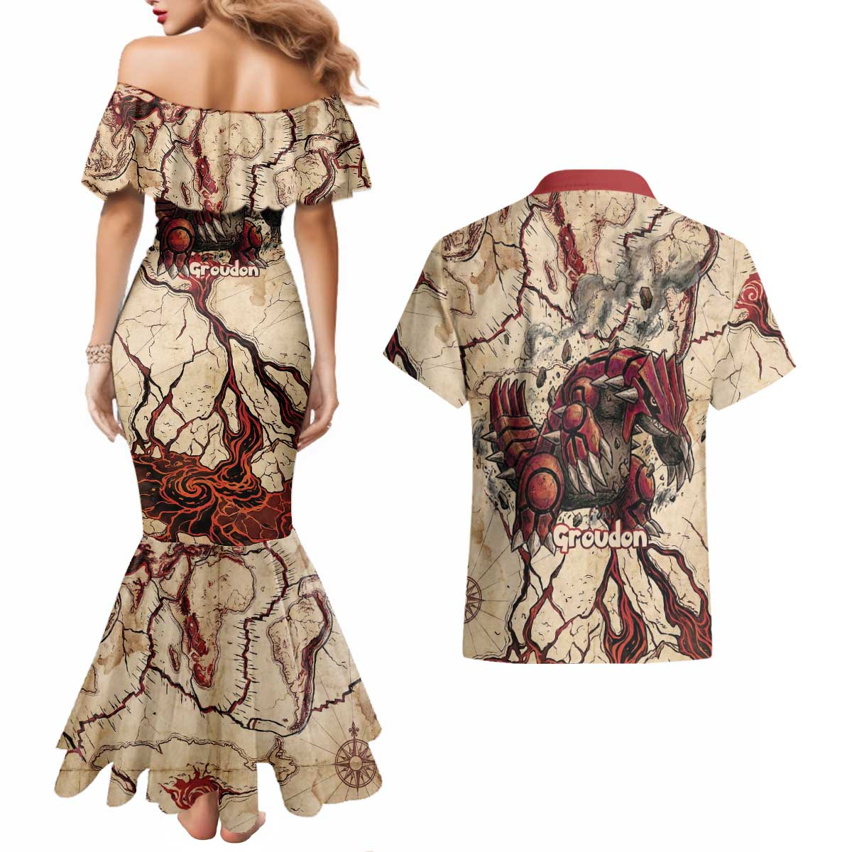 Groudon Omega Ruby Couples Matching Mermaid Dress and Hawaiian Shirt Ancient Volcano Map Art