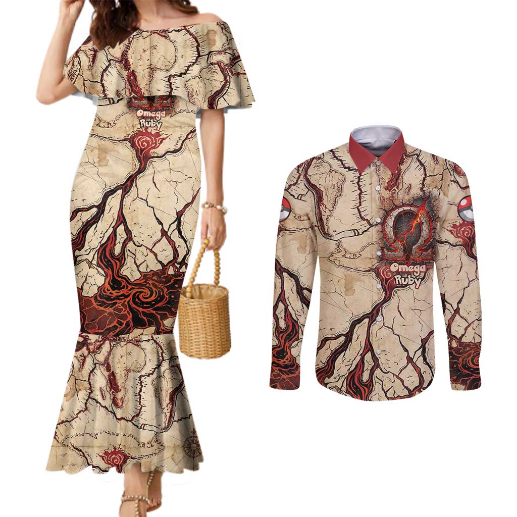 Groudon Omega Ruby Couples Matching Mermaid Dress and Long Sleeve Button Shirt Ancient Volcano Map Art