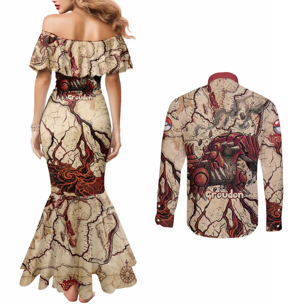 Groudon Omega Ruby Couples Matching Mermaid Dress and Long Sleeve Button Shirt Ancient Volcano Map Art
