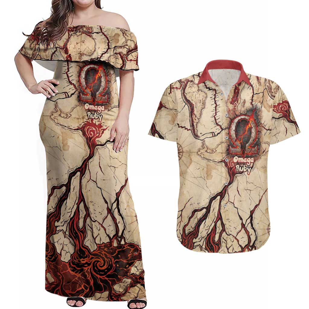 Groudon Omega Ruby Couples Matching Off Shoulder Maxi Dress and Hawaiian Shirt Ancient Volcano Map Art