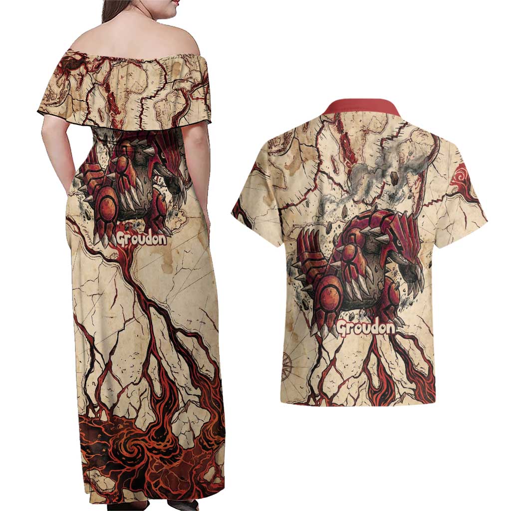 Groudon Omega Ruby Couples Matching Off Shoulder Maxi Dress and Hawaiian Shirt Ancient Volcano Map Art