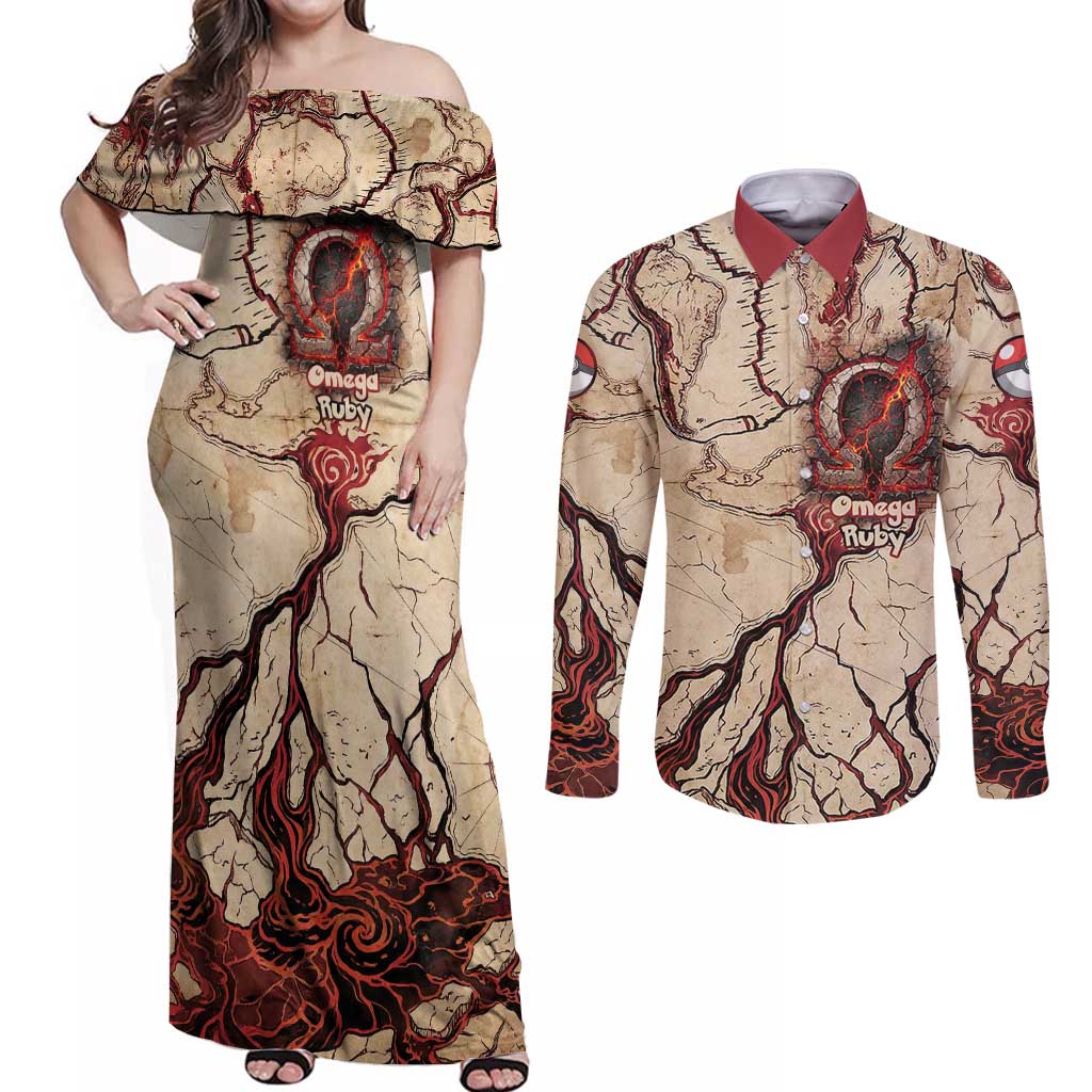 Groudon Omega Ruby Couples Matching Off Shoulder Maxi Dress and Long Sleeve Button Shirt Ancient Volcano Map Art