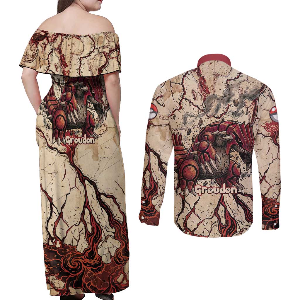 Groudon Omega Ruby Couples Matching Off Shoulder Maxi Dress and Long Sleeve Button Shirt Ancient Volcano Map Art