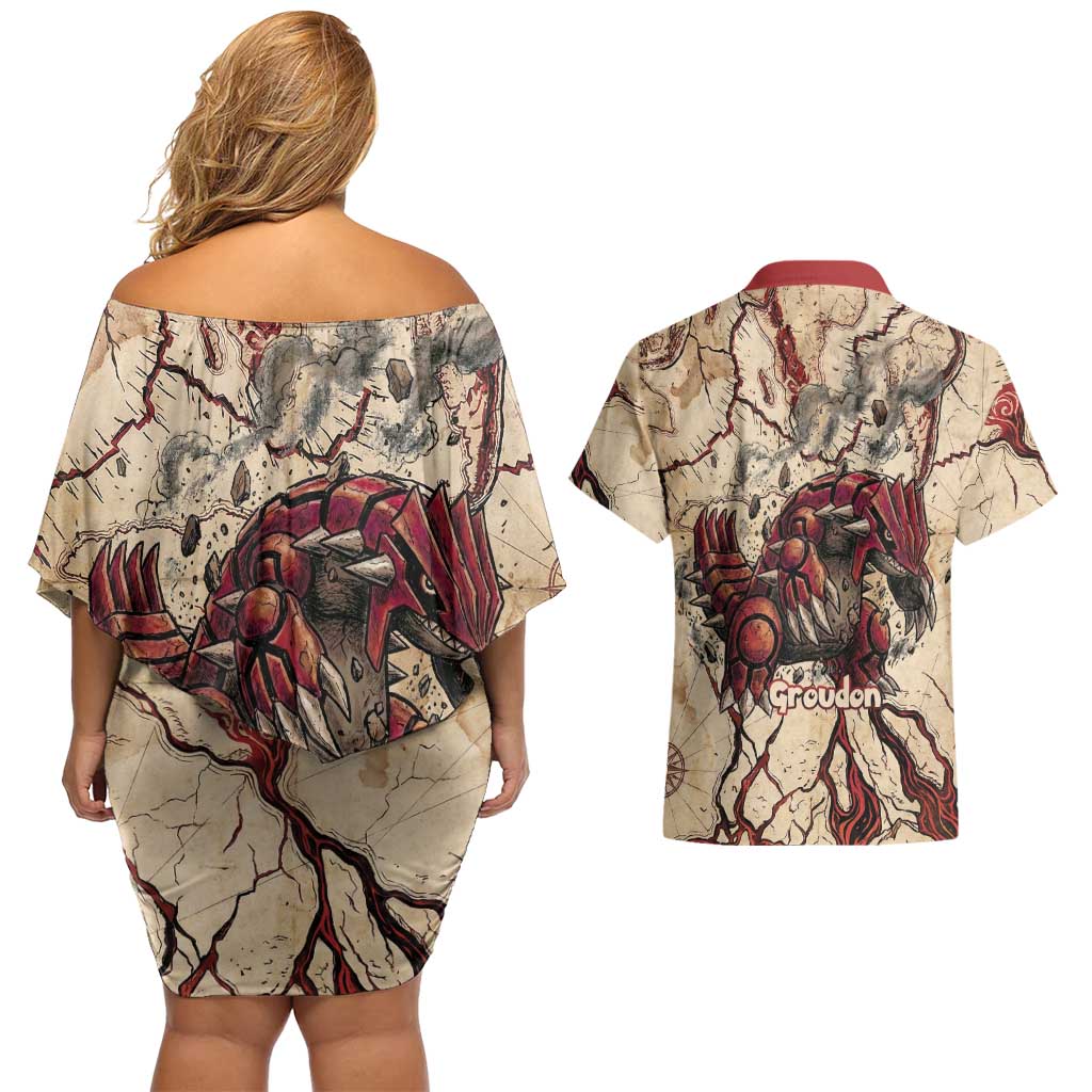 Groudon Omega Ruby Couples Matching Off Shoulder Short Dress and Hawaiian Shirt Ancient Volcano Map Art