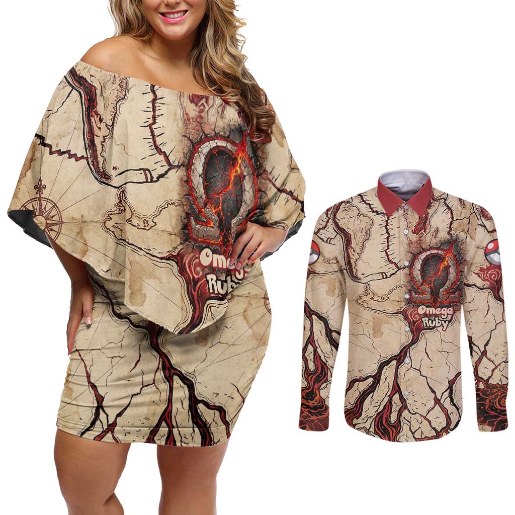 Groudon Omega Ruby Couples Matching Off Shoulder Short Dress and Long Sleeve Button Shirt Ancient Volcano Map Art