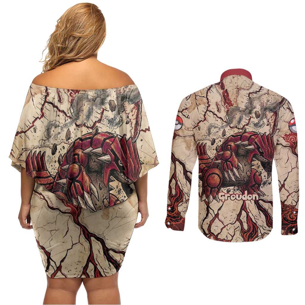 Groudon Omega Ruby Couples Matching Off Shoulder Short Dress and Long Sleeve Button Shirt Ancient Volcano Map Art