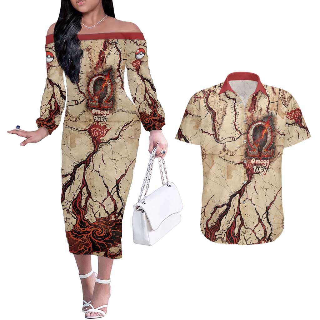 Groudon Omega Ruby Couples Matching Off The Shoulder Long Sleeve Dress and Hawaiian Shirt Ancient Volcano Map Art