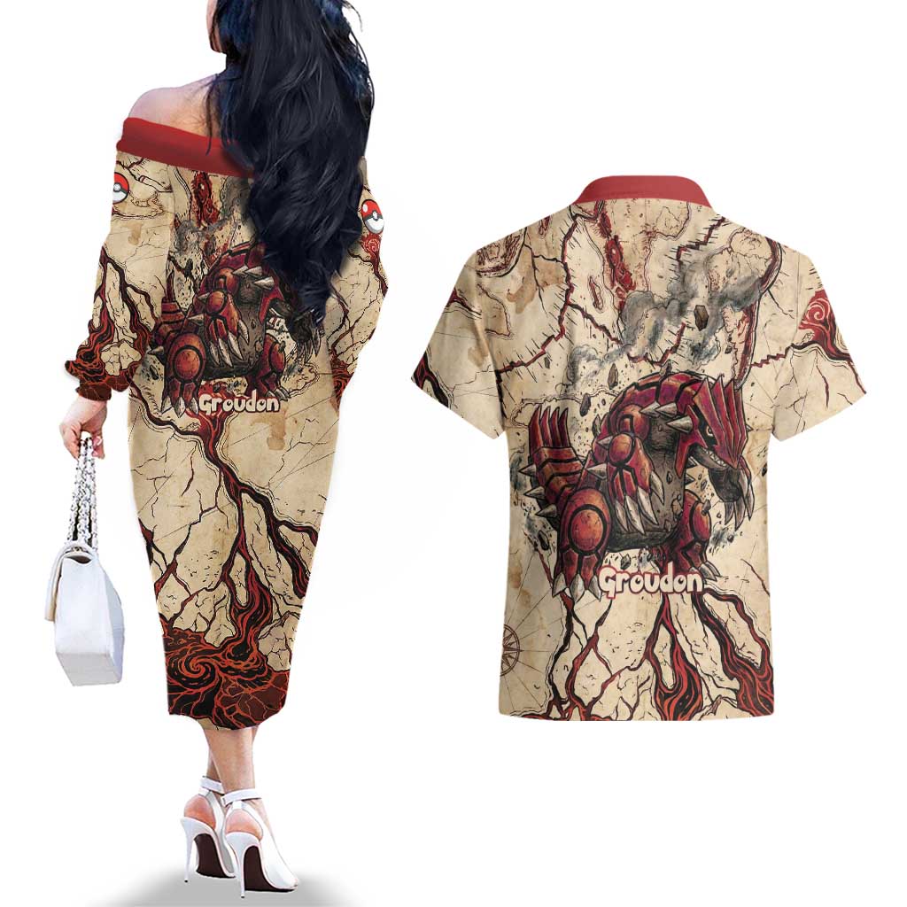 Groudon Omega Ruby Couples Matching Off The Shoulder Long Sleeve Dress and Hawaiian Shirt Ancient Volcano Map Art