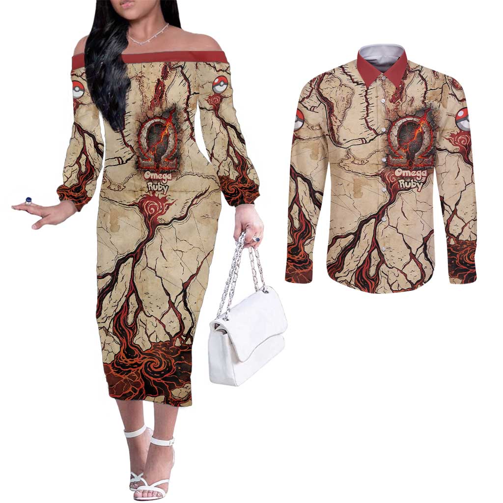 Groudon Omega Ruby Couples Matching Off The Shoulder Long Sleeve Dress and Long Sleeve Button Shirt Ancient Volcano Map Art