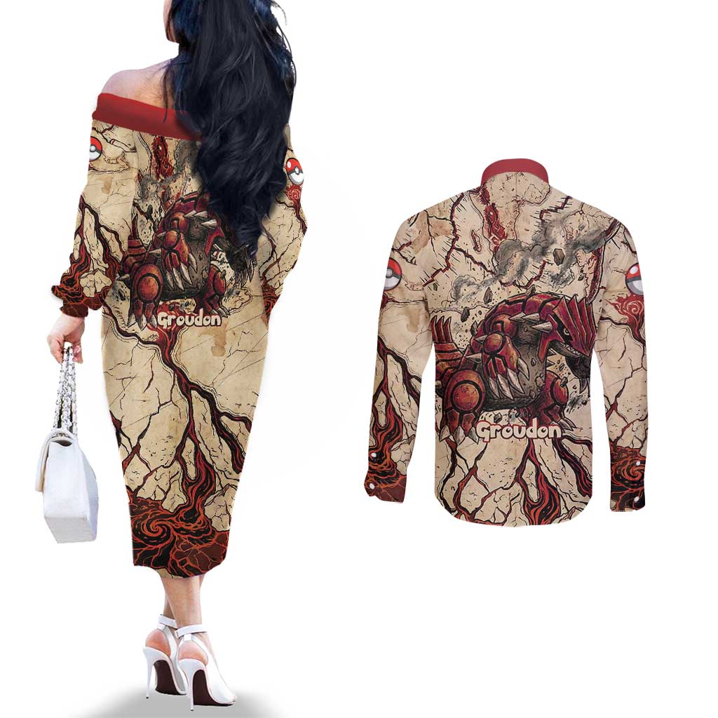 Groudon Omega Ruby Couples Matching Off The Shoulder Long Sleeve Dress and Long Sleeve Button Shirt Ancient Volcano Map Art