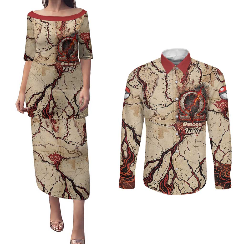 Groudon Omega Ruby Couples Matching Puletasi and Long Sleeve Button Shirt Ancient Volcano Map Art