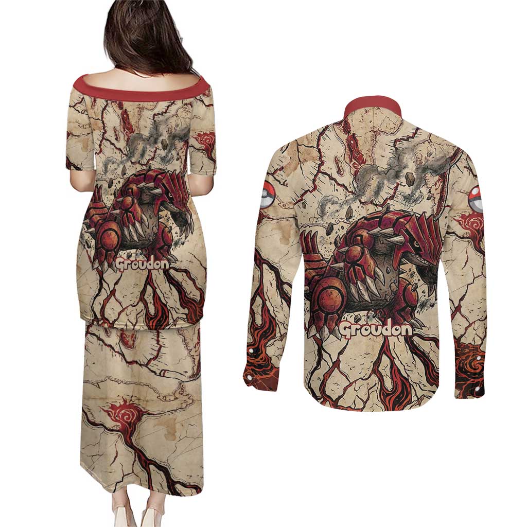 Groudon Omega Ruby Couples Matching Puletasi and Long Sleeve Button Shirt Ancient Volcano Map Art