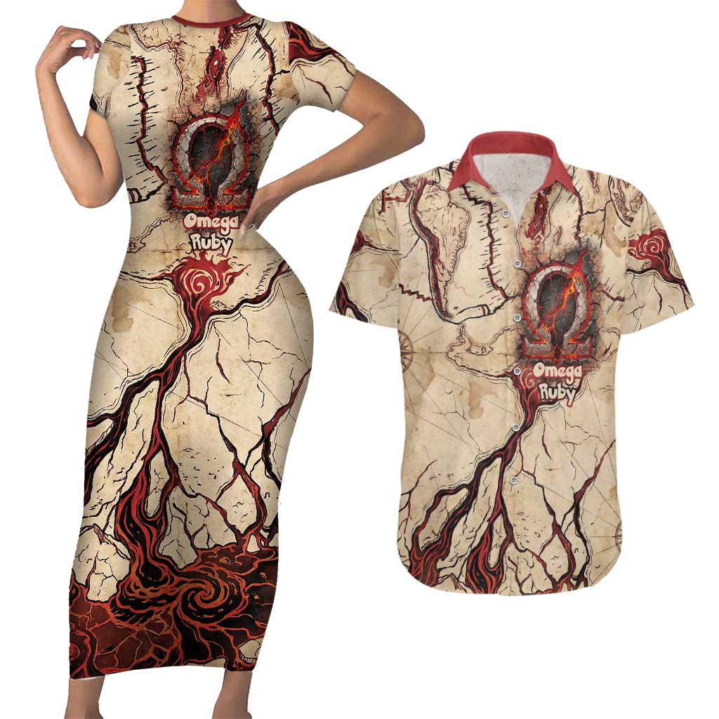 Groudon Omega Ruby Couples Matching Short Sleeve Bodycon Dress and Hawaiian Shirt Ancient Volcano Map Art
