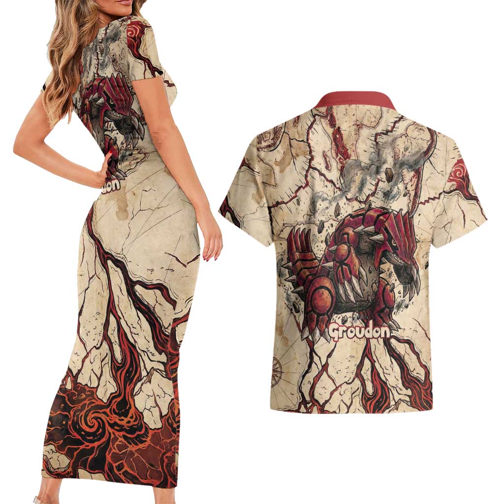 Groudon Omega Ruby Couples Matching Short Sleeve Bodycon Dress and Hawaiian Shirt Ancient Volcano Map Art
