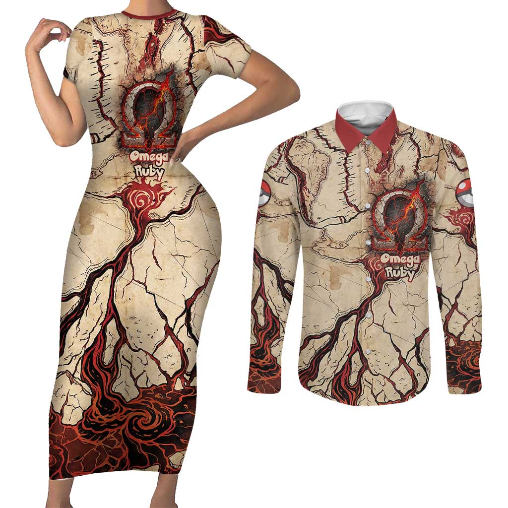Groudon Omega Ruby Couples Matching Short Sleeve Bodycon Dress and Long Sleeve Button Shirt Ancient Volcano Map Art