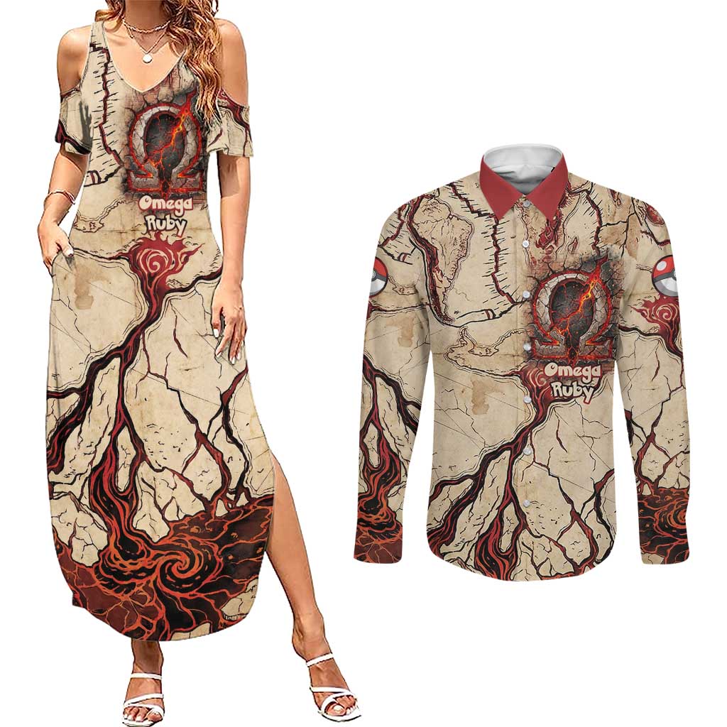 Groudon Omega Ruby Couples Matching Summer Maxi Dress and Long Sleeve Button Shirt Ancient Volcano Map Art
