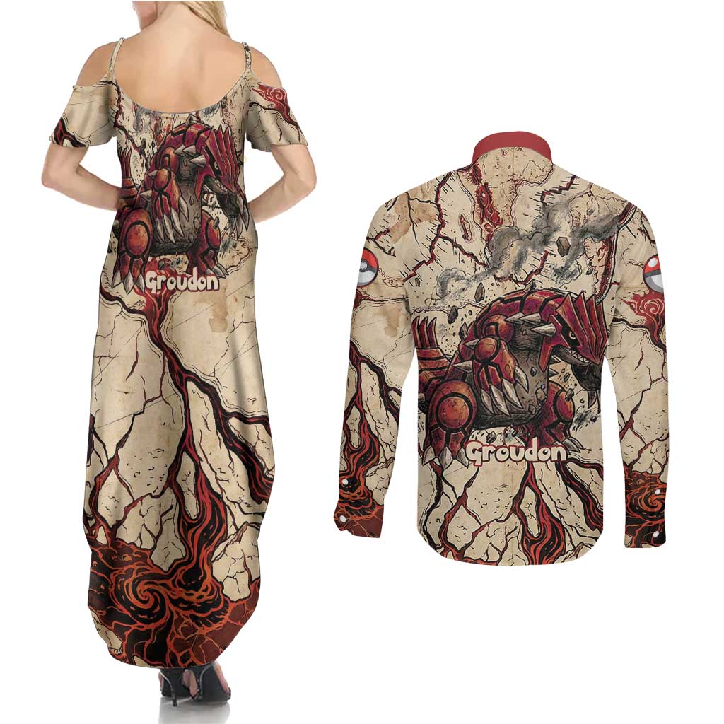 Groudon Omega Ruby Couples Matching Summer Maxi Dress and Long Sleeve Button Shirt Ancient Volcano Map Art