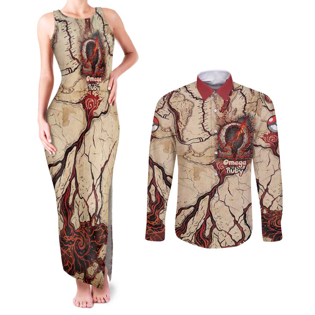 Groudon Omega Ruby Couples Matching Tank Maxi Dress and Long Sleeve Button Shirt Ancient Volcano Map Art