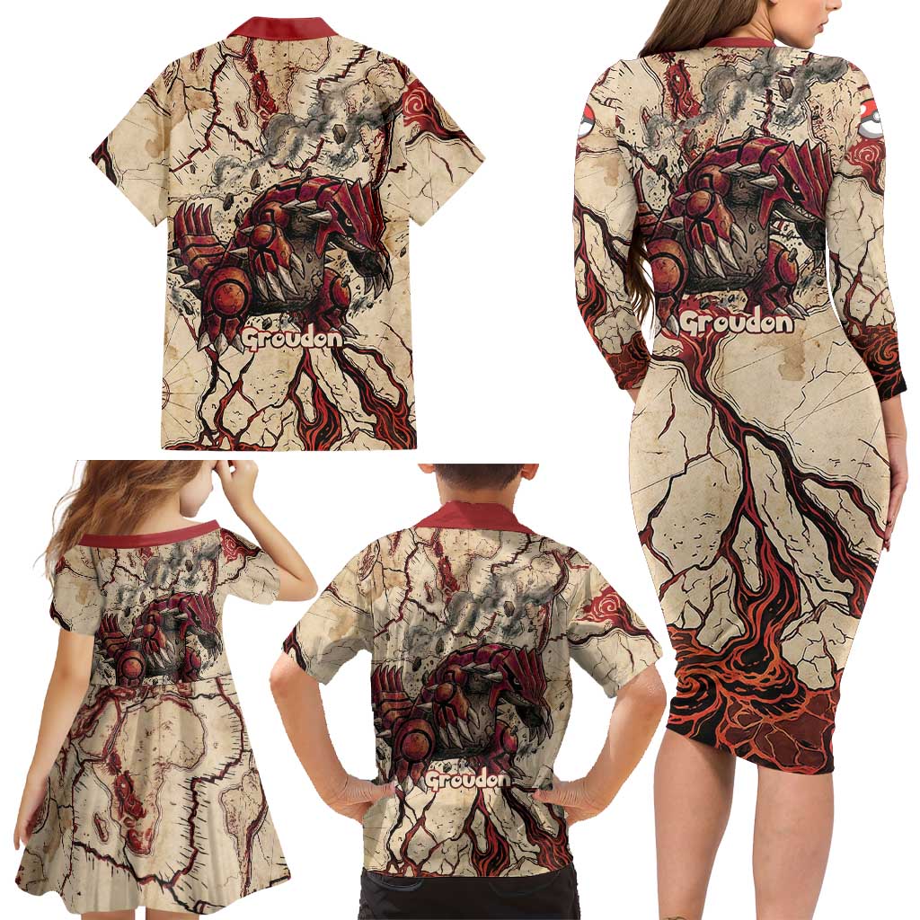 Groudon Omega Ruby Family Matching Long Sleeve Bodycon Dress and Hawaiian Shirt Ancient Volcano Map Art