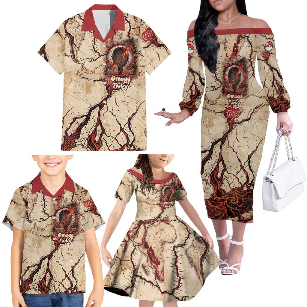 Groudon Omega Ruby Family Matching Off The Shoulder Long Sleeve Dress and Hawaiian Shirt Ancient Volcano Map Art