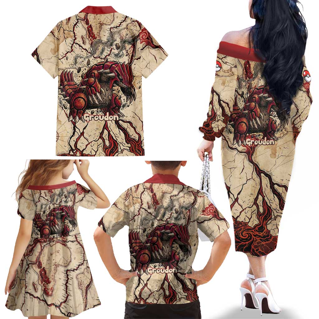 Groudon Omega Ruby Family Matching Off The Shoulder Long Sleeve Dress and Hawaiian Shirt Ancient Volcano Map Art