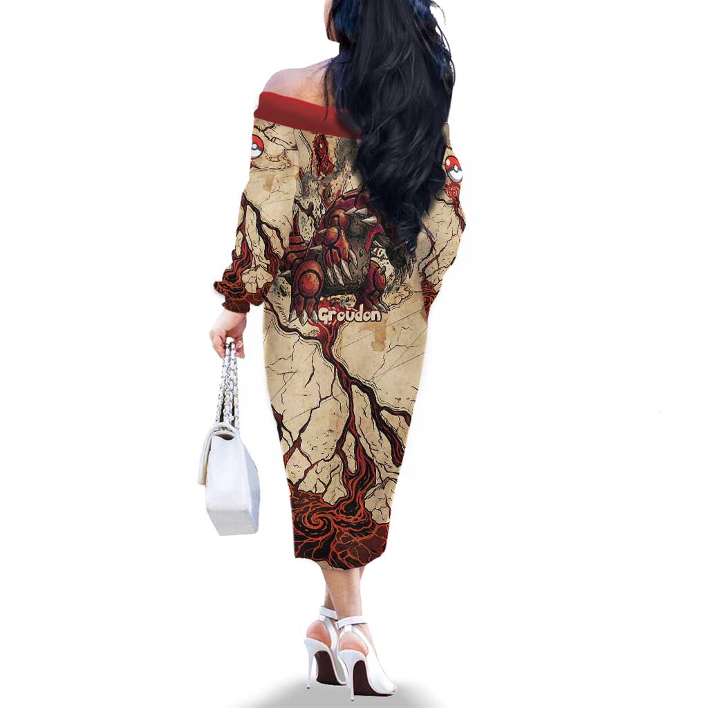 Groudon Omega Ruby Family Matching Off The Shoulder Long Sleeve Dress and Hawaiian Shirt Ancient Volcano Map Art