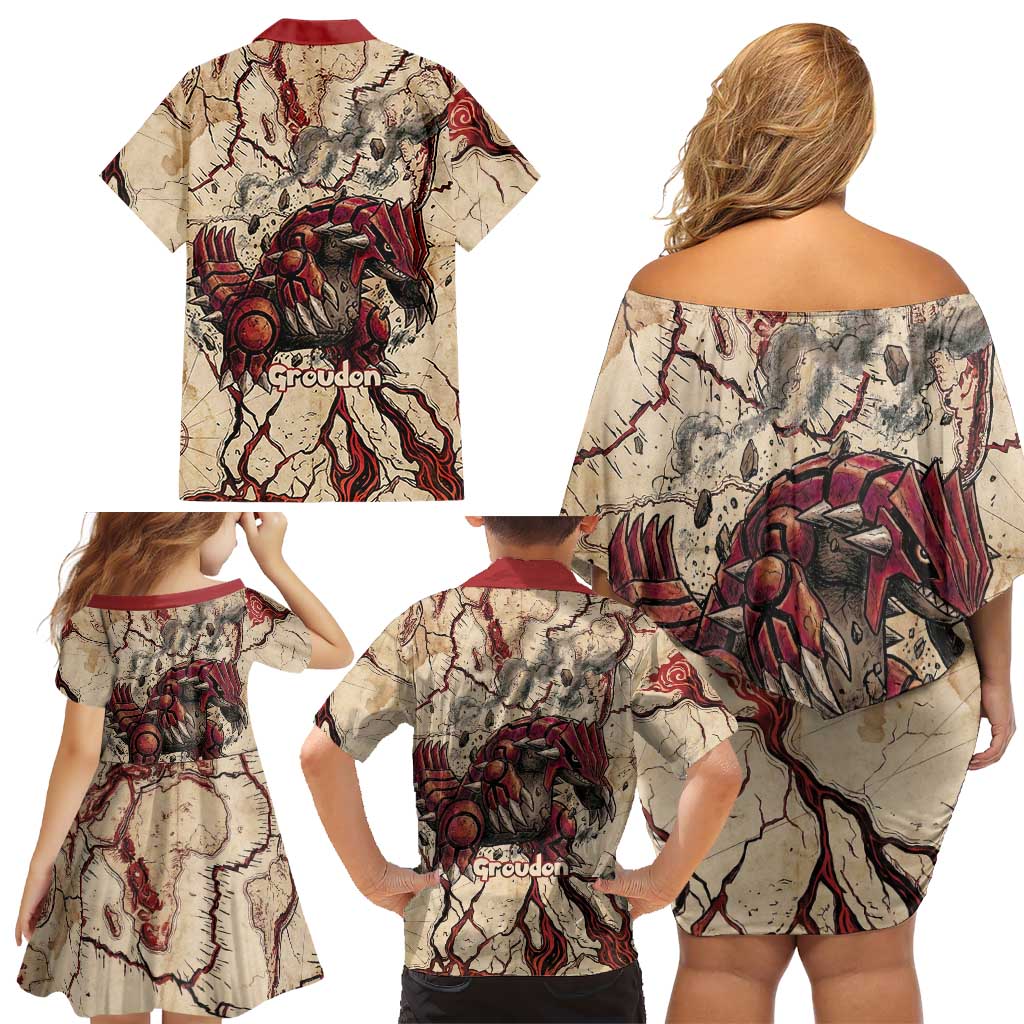 Groudon Omega Ruby Family Matching Off Shoulder Short Dress and Hawaiian Shirt Ancient Volcano Map Art