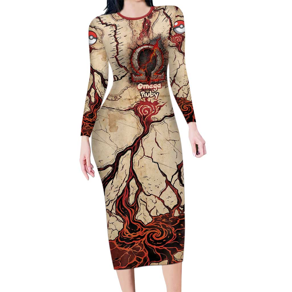 Groudon Omega Ruby Long Sleeve Bodycon Dress Ancient Volcano Map Art