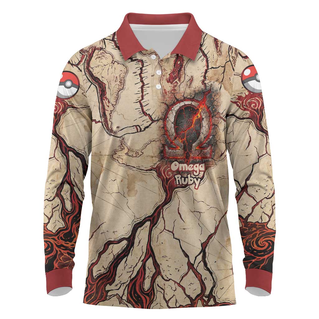 Groudon Omega Ruby Long Sleeve Polo Shirt Ancient Volcano Map Art