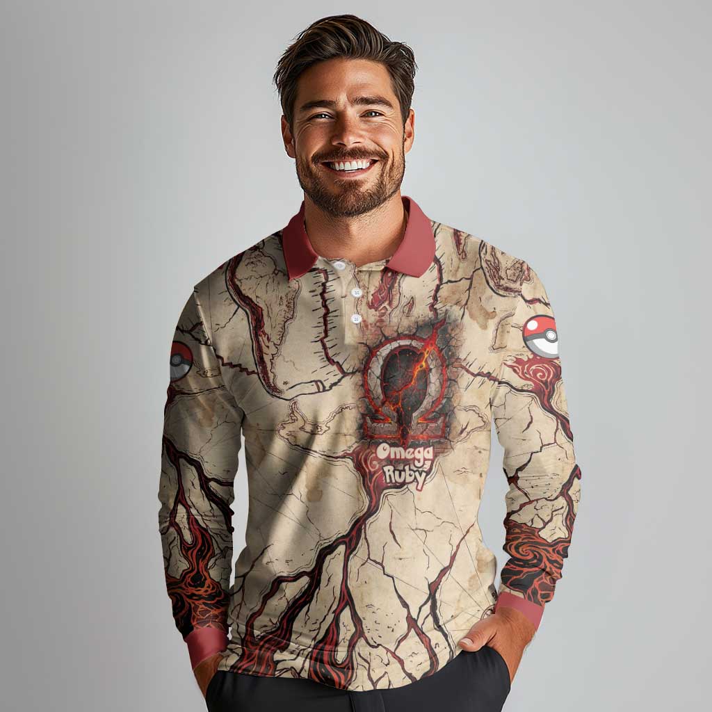 Groudon Omega Ruby Long Sleeve Polo Shirt Ancient Volcano Map Art