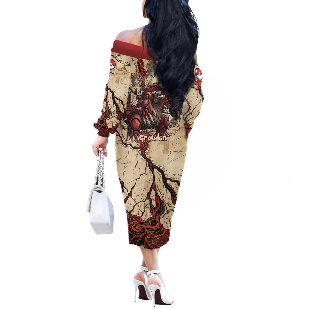 Groudon Omega Ruby Off The Shoulder Long Sleeve Dress Ancient Volcano Map Art