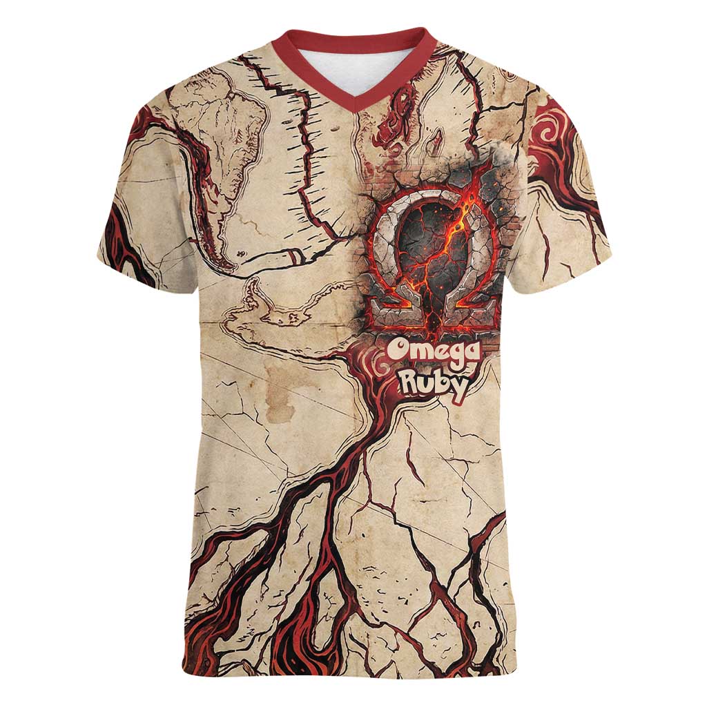 Groudon Omega Ruby Women V-Neck T-Shirt Ancient Volcano Map Art