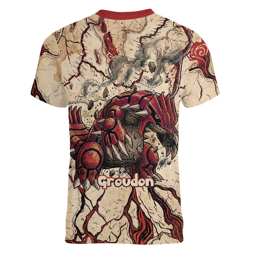 Groudon Omega Ruby Women V-Neck T-Shirt Ancient Volcano Map Art