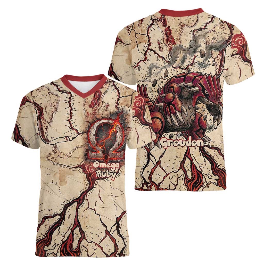 Groudon Omega Ruby Women V-Neck T-Shirt Ancient Volcano Map Art