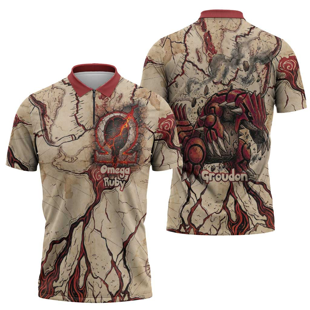 Groudon Omega Ruby Zipper Polo Shirt Ancient Volcano Map Art