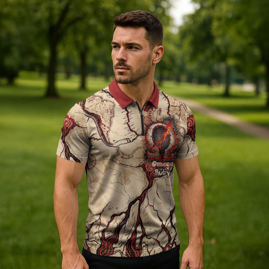 Groudon Omega Ruby Zipper Polo Shirt Ancient Volcano Map Art